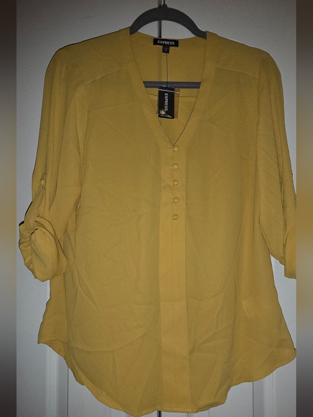 Express Women's Mustard V-Neck Button Front Blouse - Yellow